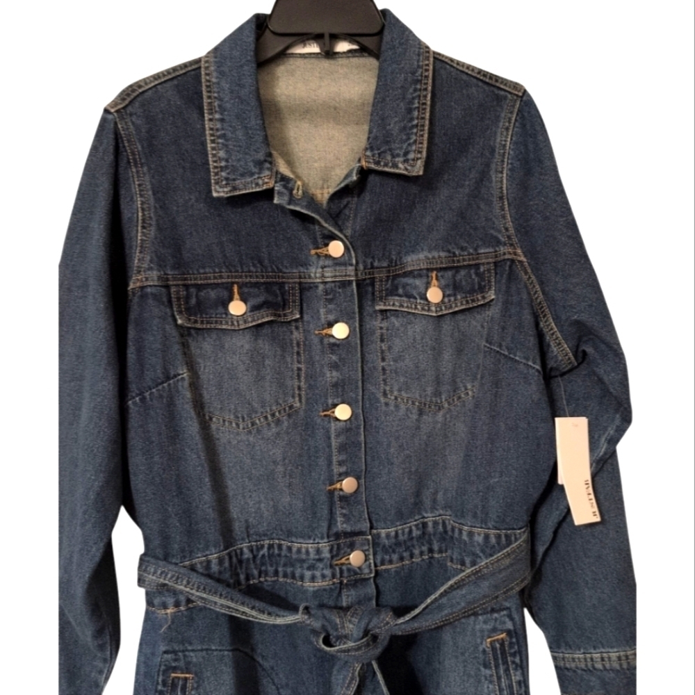 JUST FAB DARK WASH BELTED BUTTON UP DENIM JACKET DRESS - Picture 7 of 11
